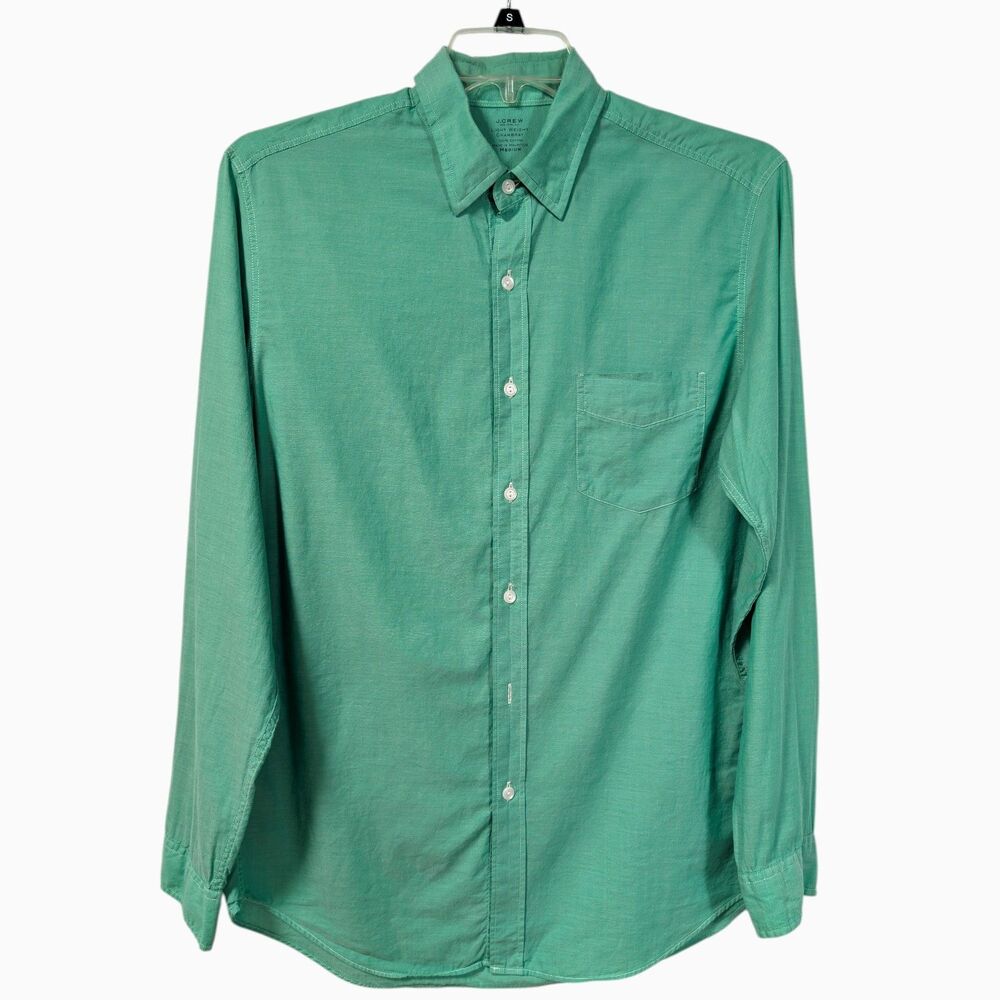 J Crew Lightweight Chambray Shirt Green Mens Medium 100% Cotton Spring Colors